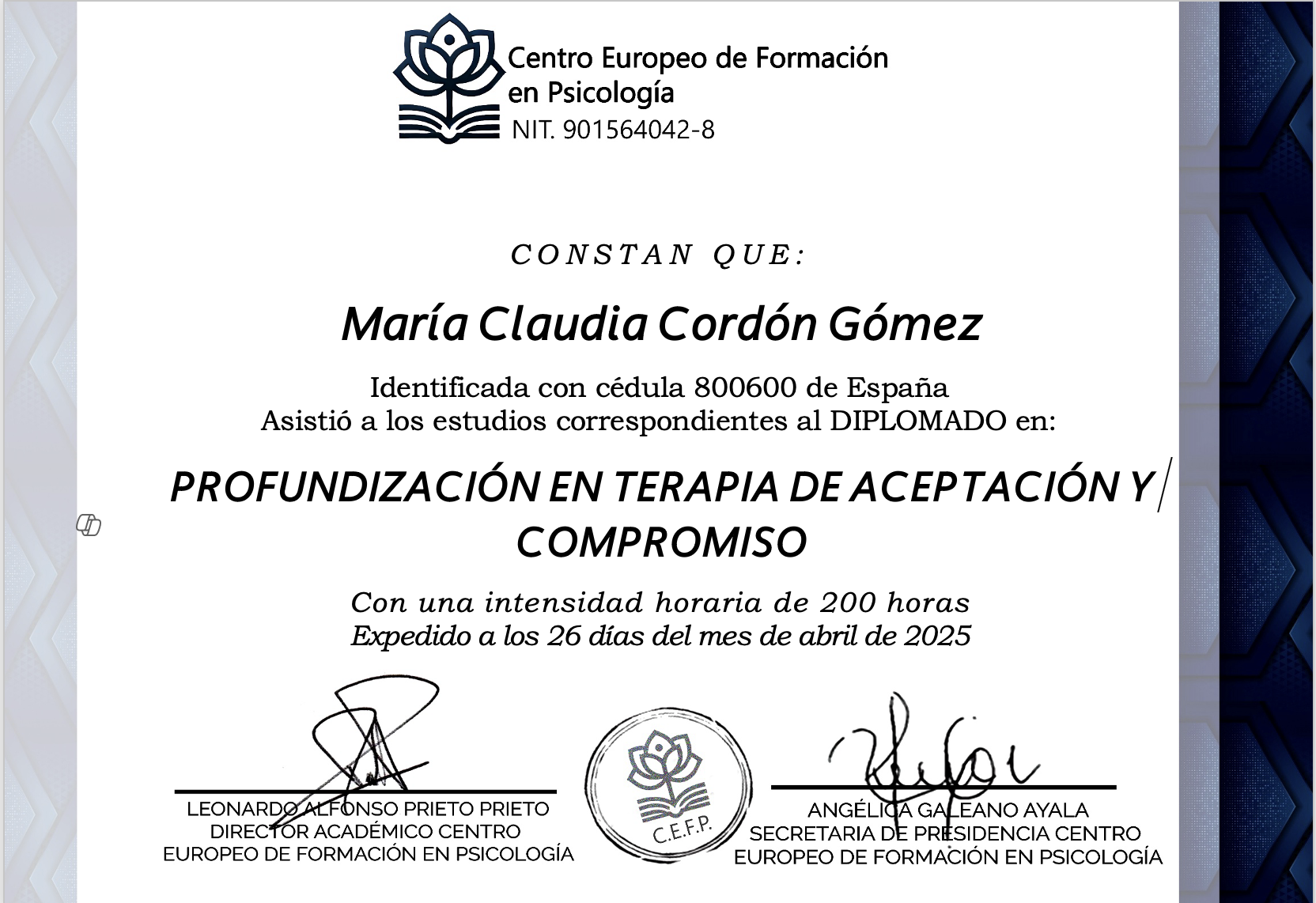 Certificado Oficial de Especialización en ACT - Centro Europeo de Formación en Psicología