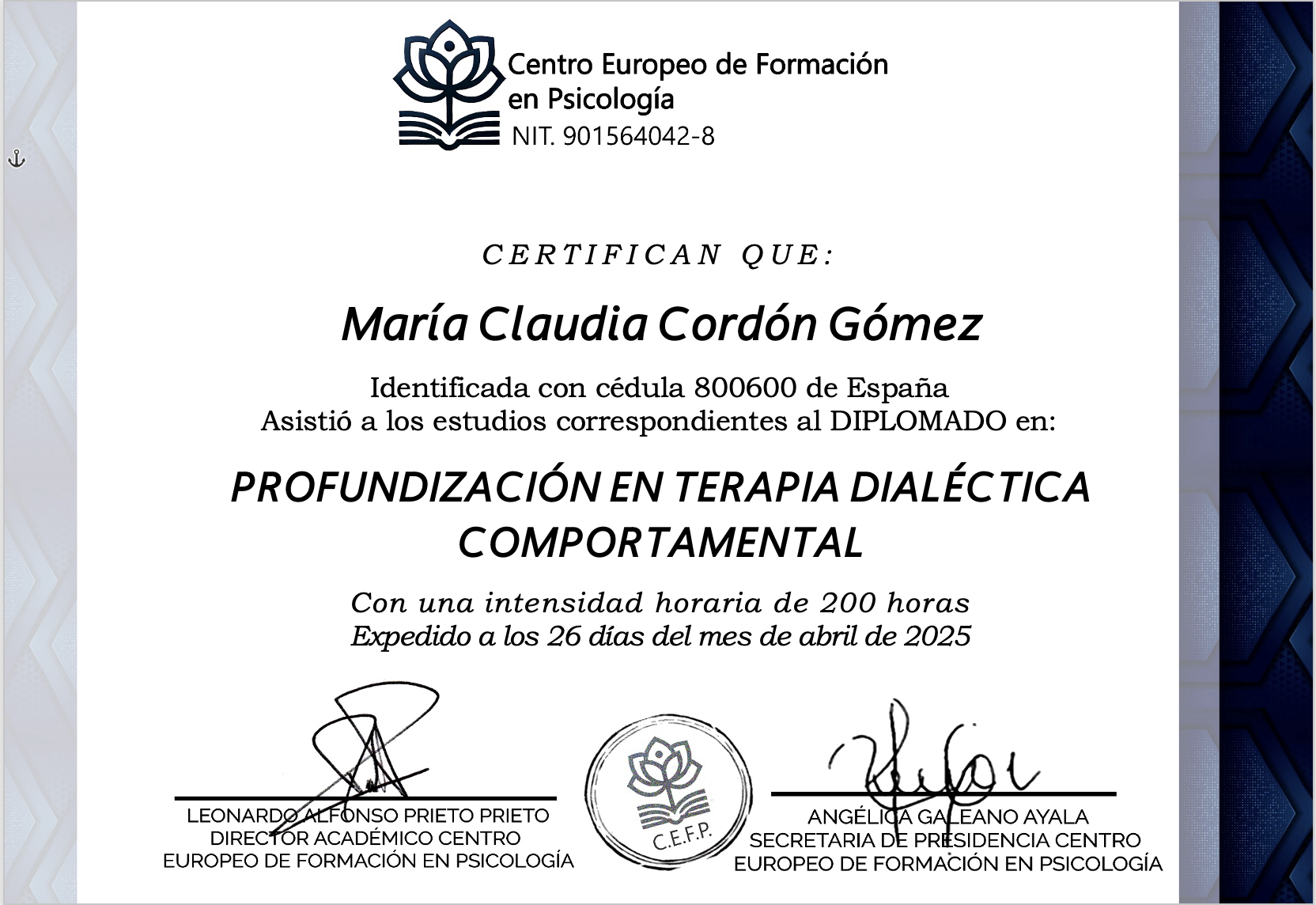 Certificado Oficial de Terapia Dialéctica Comportamental - Centro Europeo de Formación en Psicología
