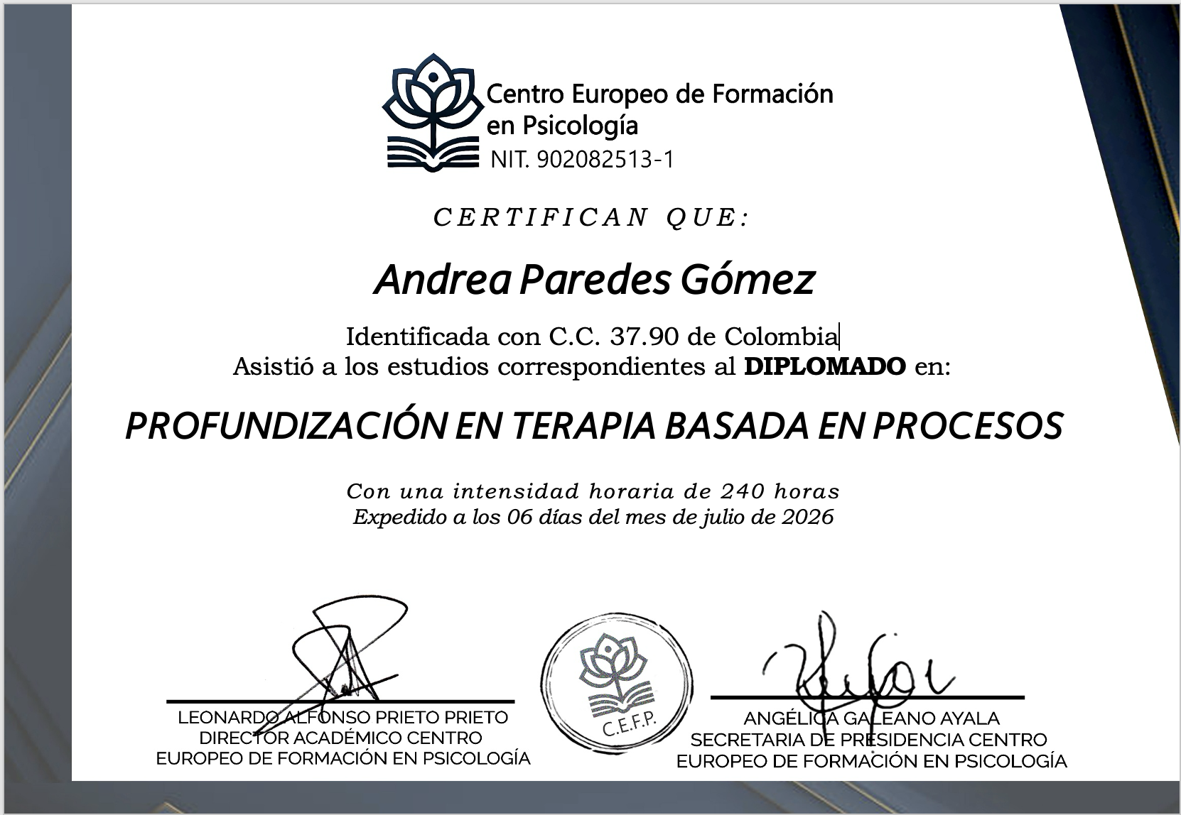 Certificado Oficial de Terapia Basada en Procesos - Centro Europeo de Formación en Psicología