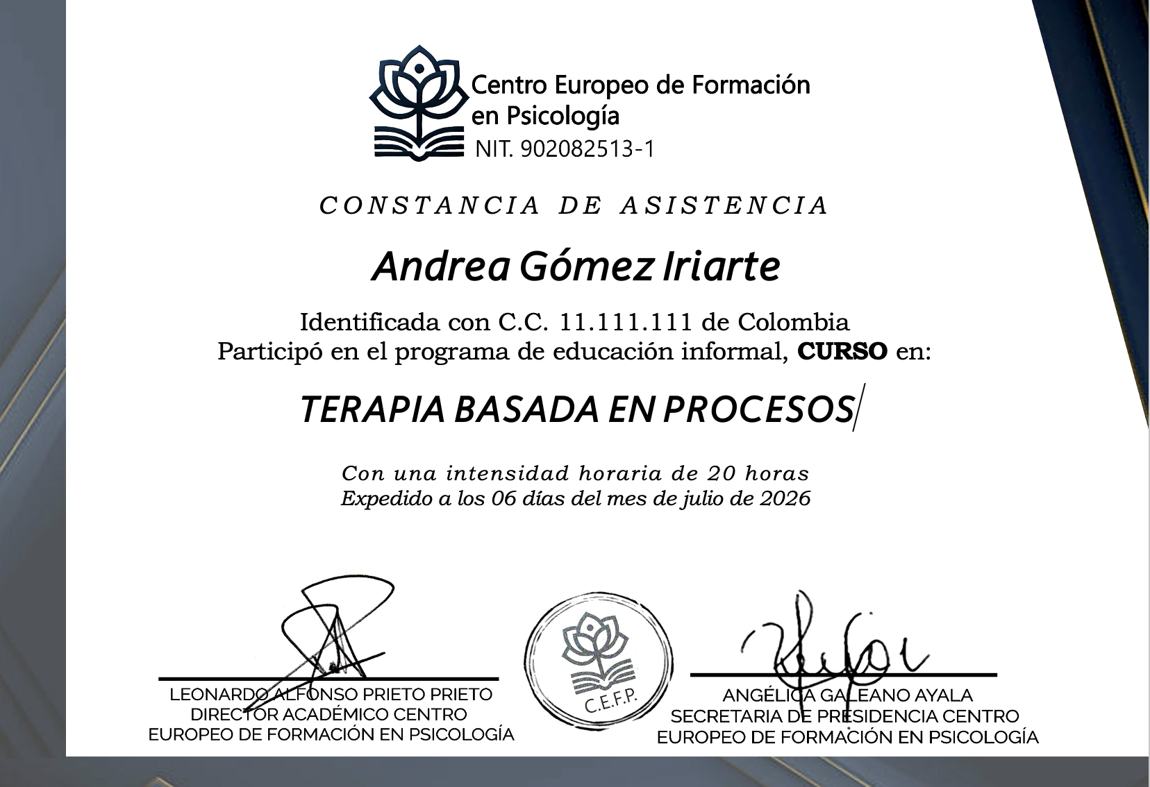 Certificado del Curso de Terapia Basada en Procesos