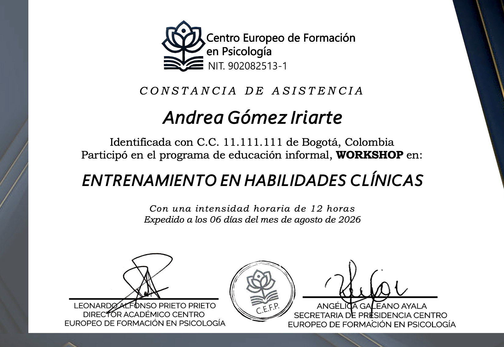 Certificado del Workshop Entrenamiento en Habilidades Clínicas