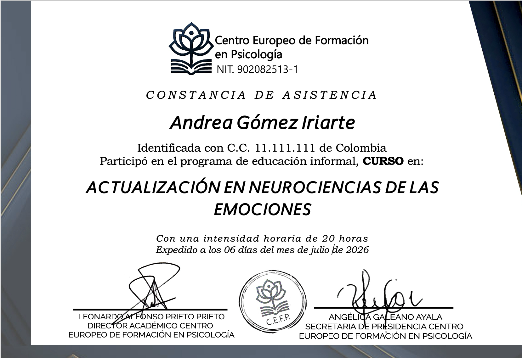 Certificado del Curso de Actualización en Neurociencias de las Emociones